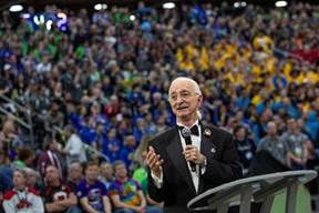 Dr. Woodie Flowers giving a speech at the FIRST Championship.